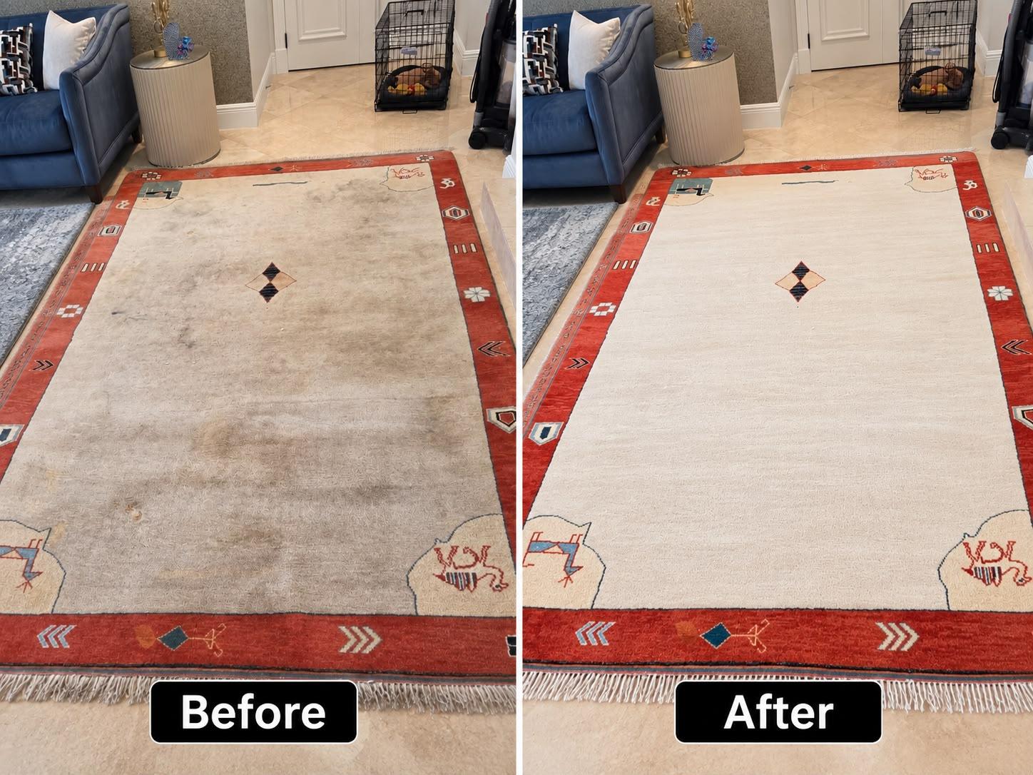 Before and after photos of a cream area rug with visible stains