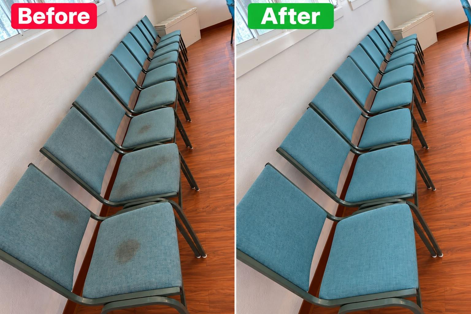 Before and after cleaning a row of blue upholstered chairs