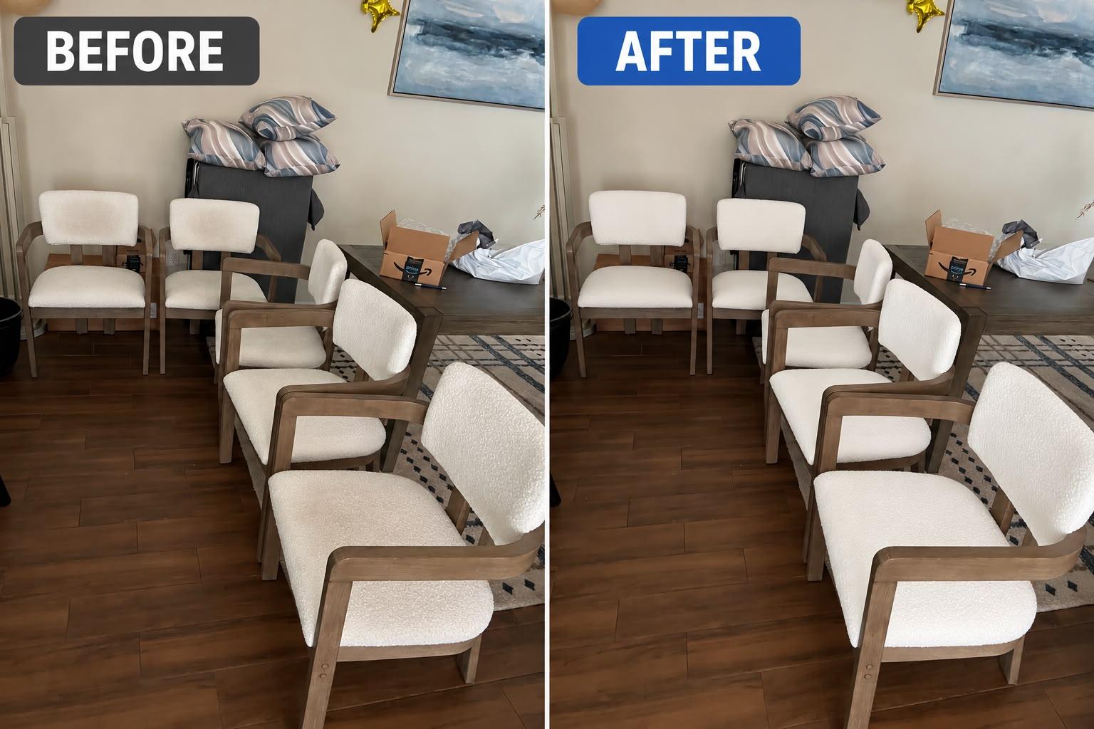 Before and after cleaning upholstered dining chairs