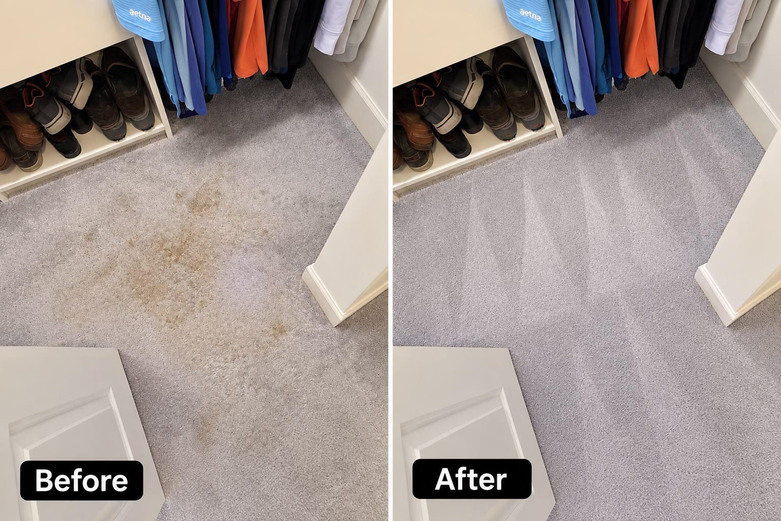 Before and after cleaning carpet in a closet