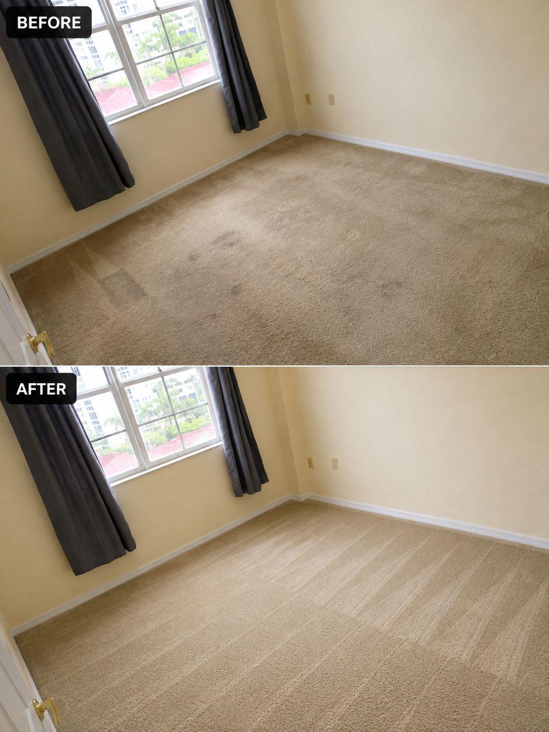 Before and after cleaning a carpeted room